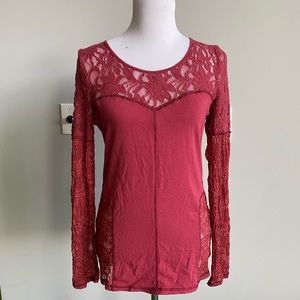 Free People Red Lace Long Sleeve Top